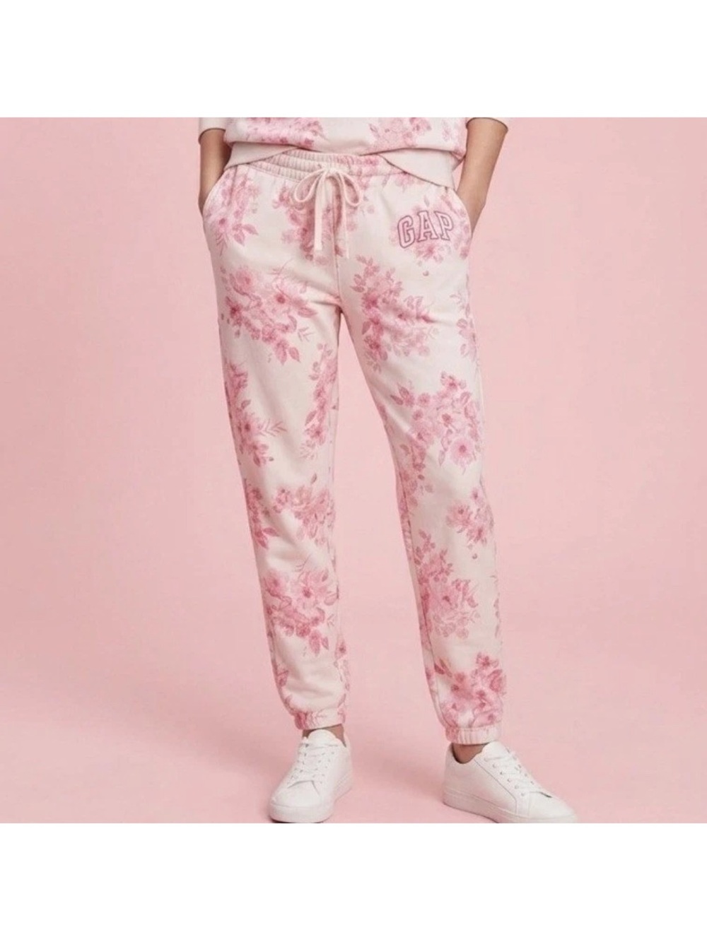GAP Cream and Pink Floral Drawstring Joggers
